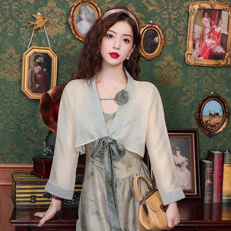 カーディガン レディース 小柄 女性用 ネオチャイナ風 ショート丈 ボレロ 羽織り UVカット 日焼け対策 シフォン ポリエステル ゆったり 高級感 リボンタイ きれいめ 通勤 春夏 スカートコーデ(4)