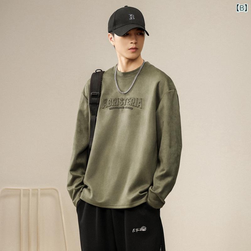 Tシャツ メンズ クルーネック 長袖 ゆったり オーバーサイズ スエード調 起毛素材 エンボス加工 ロゴ カットソー インナー 秋冬 カジュアル ストリート トップス ブラック カーキ ベージュ