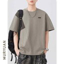 Tシャツ メンズ 男性 ヘビーウェイト 厚手 コットン 綿 クルーネック 半袖 切り替え テクスチャー ワッペン ゆったり ルーズフィット ビッグシルエット プルオーバー カジュアル 通気性 夏 トップス