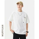 Tシャツ メンズ 半袖 プルオーバー ワッフル生地 ゆったり クルーネック ドロップショルダー 胸ポケット付き シンプル 夏 カジュアル ホワイト ブルー