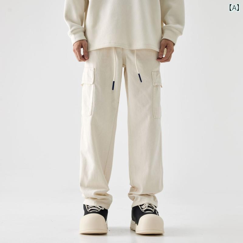 デニムパンツ メンズ カーキ アイボリー ゆったり ワイド ストレート ロング丈 ウエストゴム イージー マルチポケット コットン 綿 カジュアル ワーク 普段使い 秋冬