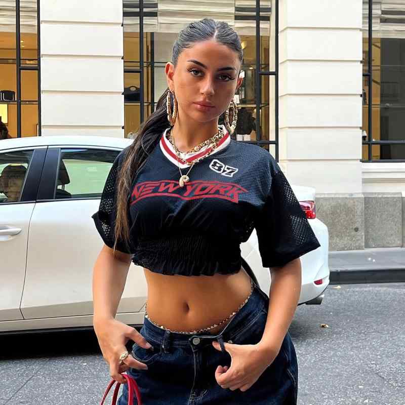 Tシャツ レディース Vネック クロップド丈 ウエストシェイプ 吸湿速乾 通気性 バイカラー レタリングプリント セクシーギャル スポーツ カジュアル ライダース風 ダークブルー ストレッチ 春夏