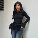 レディース トップス 長袖 ニット クルーネック 無地 スリムフィット サイドドローストリング 海外デザイン ピュアセクシー エレガント 秋冬 カットソー(4)