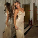 ワンピース レディース ニット フレンチスタイル ローウエスト バックオープン アシンメトリー マーメイドライン 深Vネック コーティング キャミソール ロング丈 カーキ 冬