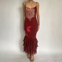 ワンピース レトロ ローズ花柄 バイカラー バックオープン スレンダーライン 上品 ヘム切り替え ティアードチュール キャミソール ロング丈 Uネック ノースリーブ 春夏 ポリエステル スパンデックス