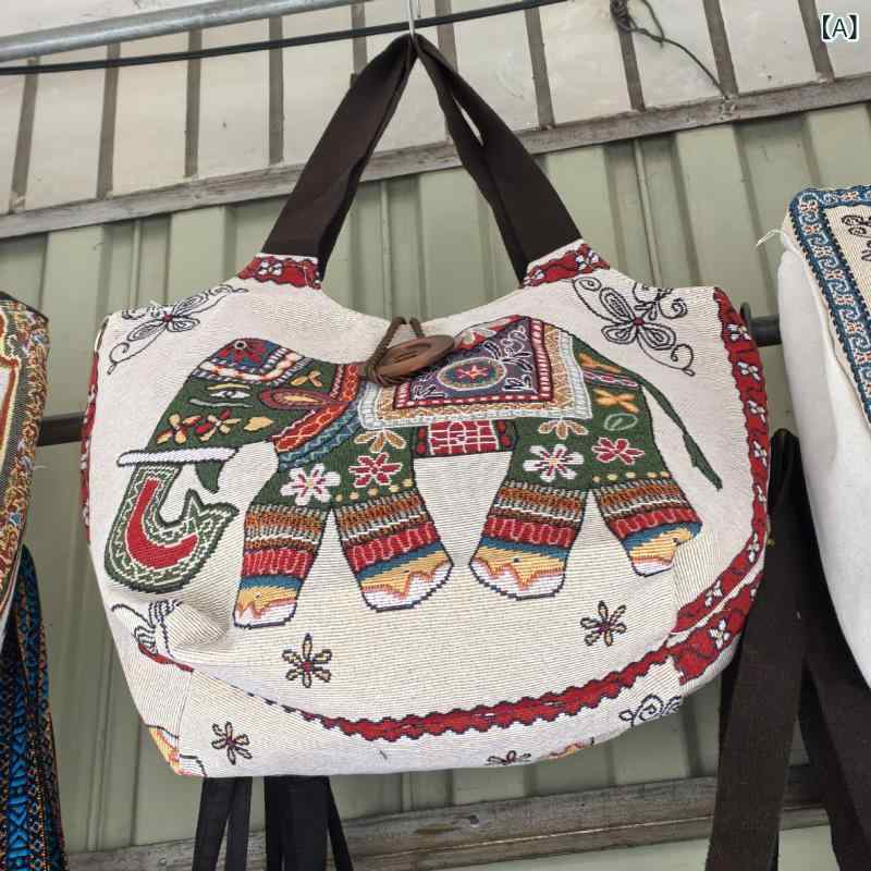 ショルダーバッグ ユニセックス タイ族風 エスニック 手刺繍 ハンドメイド ボタン付き 大容量 普段使い 帆布 春夏 斜め掛けバッグ