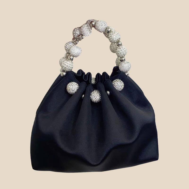 バッグ レディース ベルベット プリーツ ビーズ飾り 高級感 バケツバッグ ショルダーバッグ ハンドバッグ 斜め掛け 3WAY ミニ 普段使い 多収納 上品 ブラック ピンク シャンパン(4)