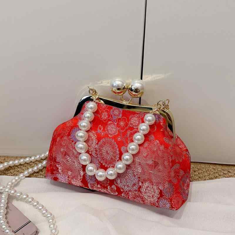 バッグ レディース パール ビーズ 刺繍 オリエンタル風 がま口 シェルバッグ ハンドバッグ ショルダーバッグ 斜め掛け ミニ コンパクト パーティー フォーマル デイリー ベルベット 秋冬(4)