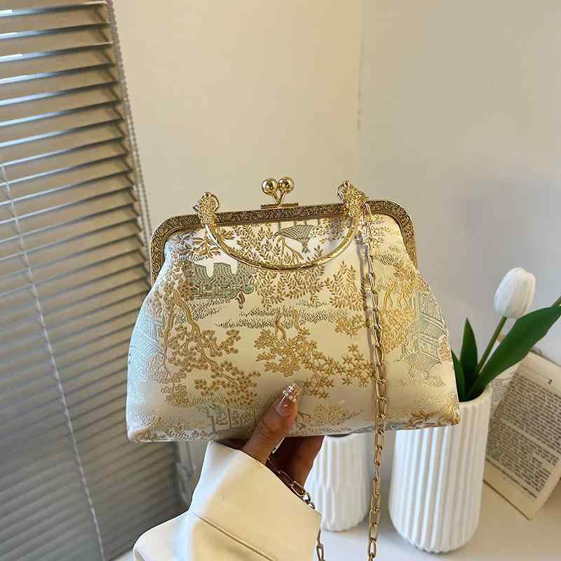 バッグ レディース チャイナドレス風 ロック式 チェーンストラップ ミニショルダーバッグ 斜め掛け シェル型 ゴールド ピンク シルバー 蝶モチーフ 布製 春夏 普段使い