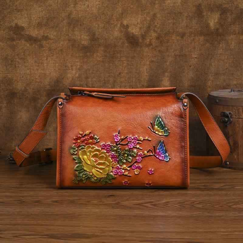 ショルダーバッグ レディース 女性用 民族風 エスニック レトロ ヴィンテージ風 本革 牛革 レザー 小型 ミニスクエアバッグ 横型 花柄 デイリーユース レトロブラウン ダークブラウン ブラック