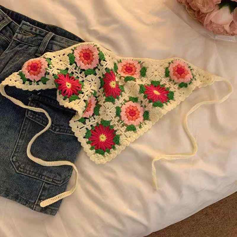 ヘッドスカーフ レディース 春夏 韓国 おしゃれ ニット かぎ針編み 透かし編み かわいい ガーリー レトロ アクリル 三角巾 花柄 旅行 リゾート カジュアル