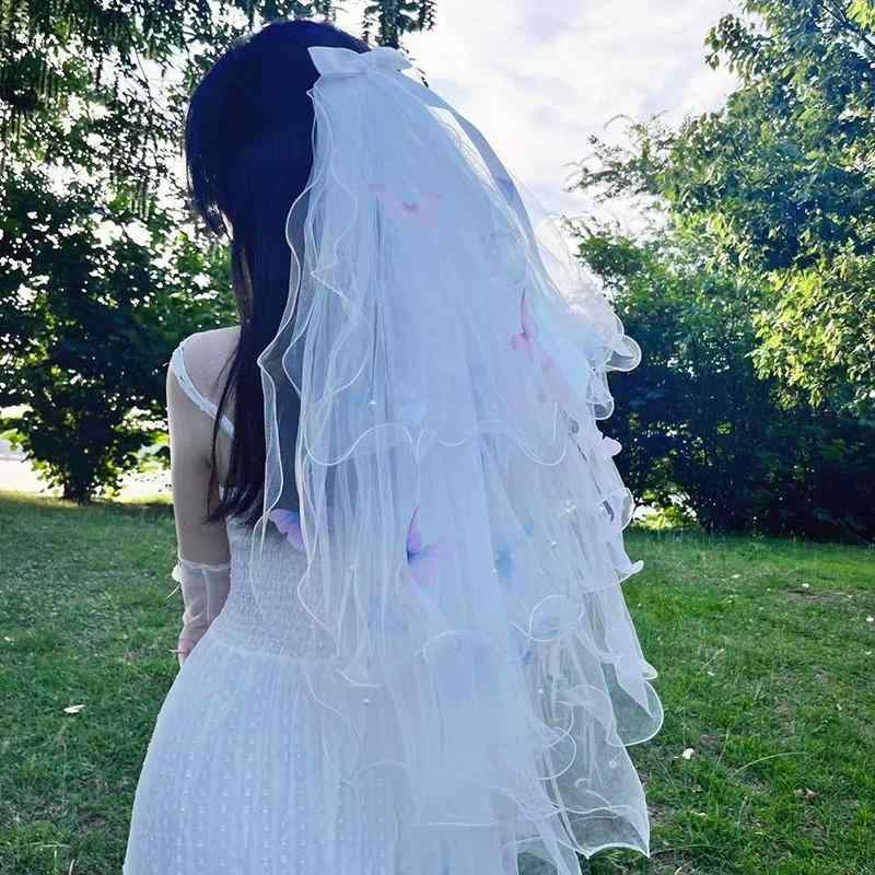 乐天商城 - ベール 花嫁 ウェディング ブライダル カラフル 蝶々 ふわふわ 多層 チュール エレガント フェアリー ショート丈 結婚式 前撮り フォトウェディング 撮影小物 髪飾り