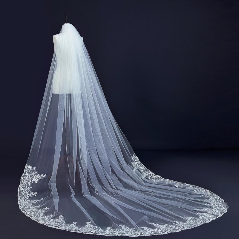 ウェディングベール レディース 上品 エレガント 豪華 ロング 大聖堂 結婚式 ブライダル 花嫁 花柄 レース 欧米風 チュール 純白 オフホワイト