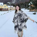 ショール レディース 大判 正方形 フェイクカシミヤ 韓国 レトロ 個性的 厚手 暖かい 防寒 秋冬 水墨画柄 アートプリント