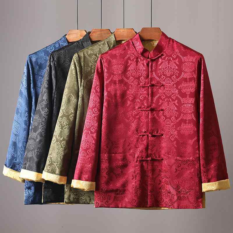 チャイナジャケット メンズ 男性用 長袖 リバーシブル サテン ポリエステル 中国風 中華服 刺繡 舞台衣..