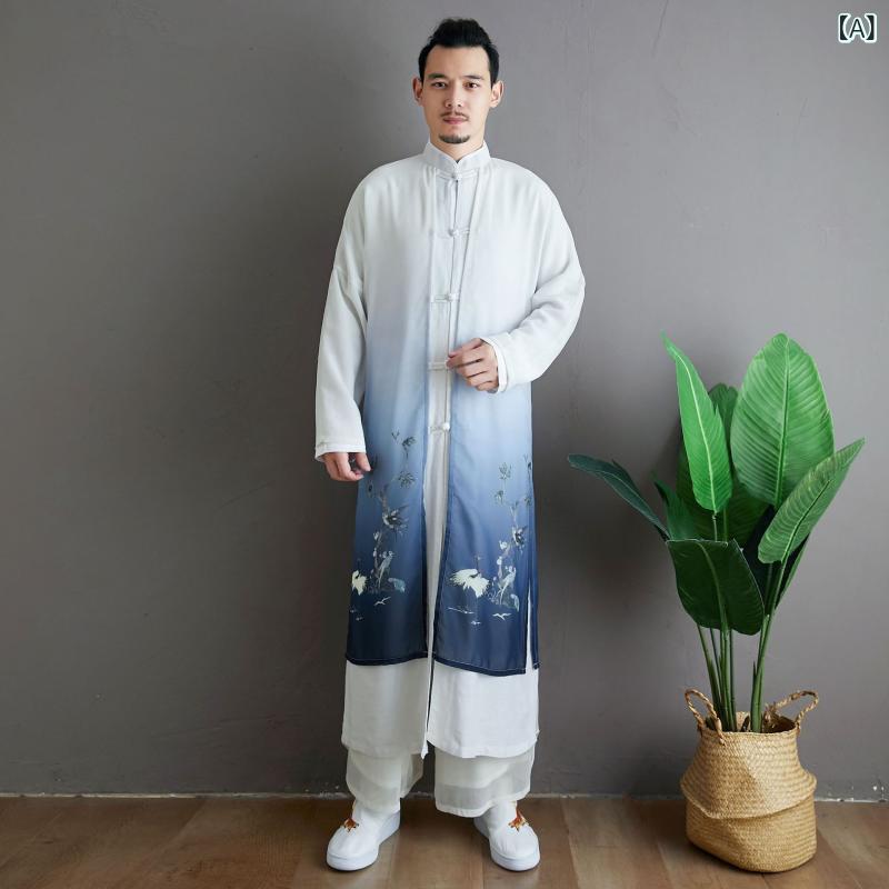 漢服 メンズ チャイナ風 古風 モックツーピース 重ね着風 鳥柄 プリント ロング丈 ガウン 綿麻 カジュアル 普段使い 男性用 舞台衣装 イベント衣装