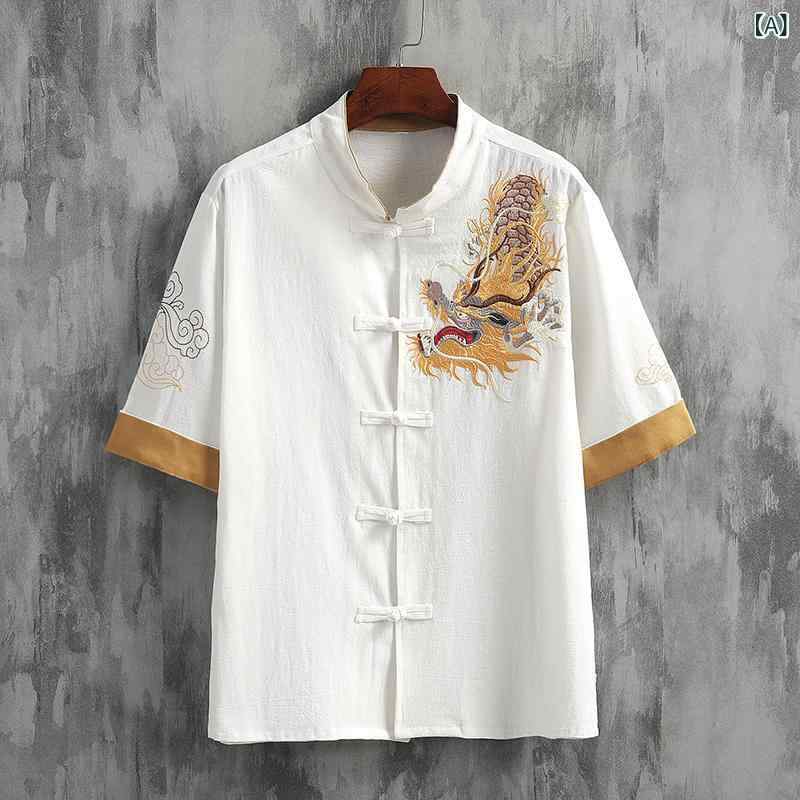 シャツ メンズ 半袖 龍刺繍 禅意スタイル 唐装風 綿麻素材 通気性 吸湿速乾 リラックス カジュアルウェア ゆったり トップス 夏 白 黒