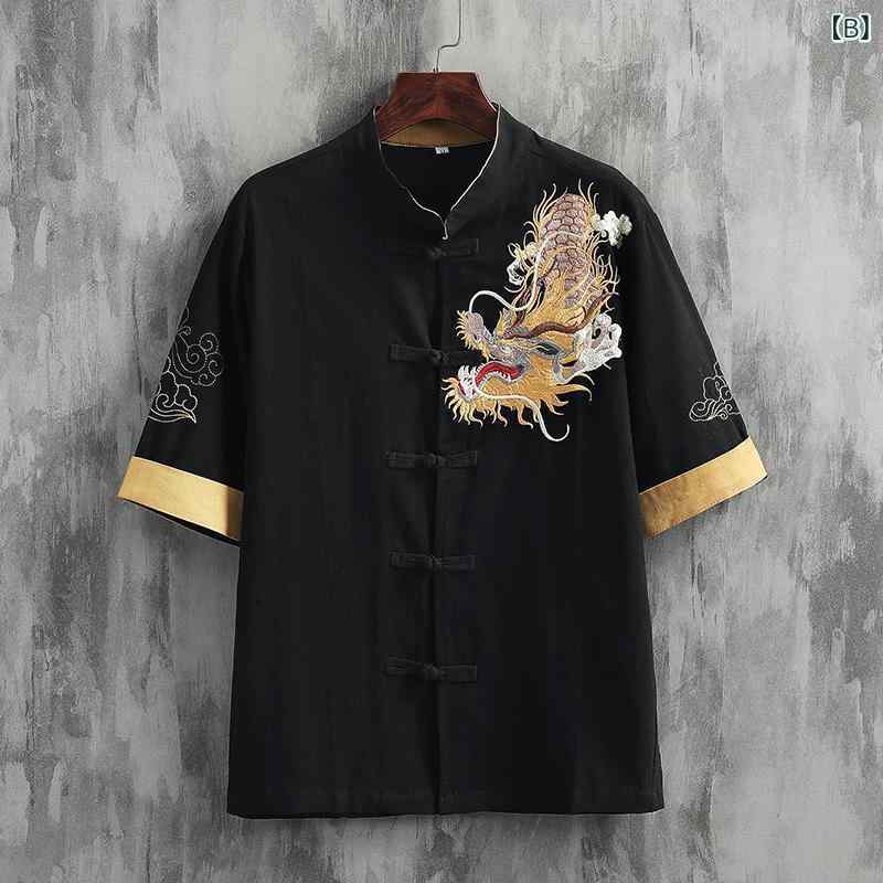 シャツ メンズ 半袖 龍刺繍 禅意スタイル 唐装風 綿麻素材 通気性 吸湿速乾 リラックス カジュアルウェア ゆったり トップス 夏 白 黒