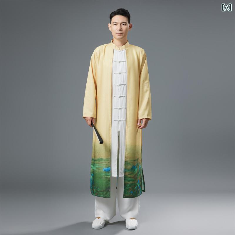 長着 メンズ 中国風 民族衣装 チャイナボタン フェイクレイヤード 重ね着風 ロング丈 舞台衣装 ステージ イベント 発表会 ユニフォーム 花柄 しなやか 綿 コットンブレンド 春夏