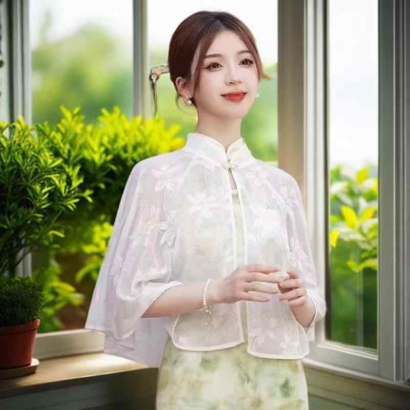 ショール ポンチョ ケープ レディース 春夏 UVカット レトロ 万能 着回し 薄手 ポリエステル 花柄 白 ..