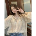 シャツ レディース フレンチ シック デザイン 小花柄 シフォン 長袖 ブラウス ゆったり 体型カバー ワンショルダー ラウンドネック 通勤 オフィス きれいめ 春夏 アプリコット