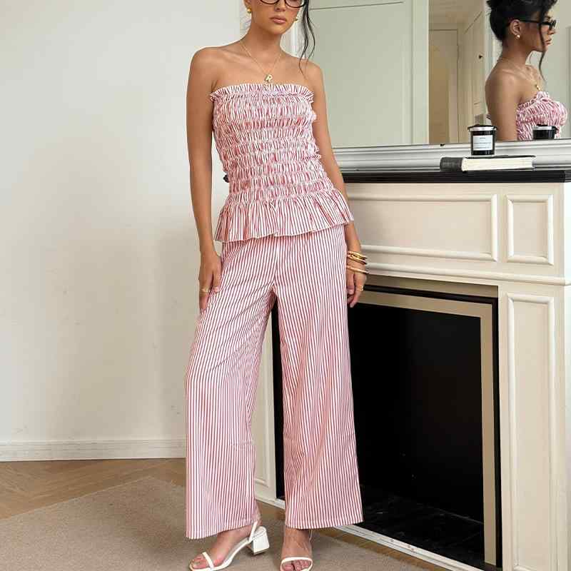 セットアップ レディース ベアトップ ストレートパンツ 上品 エレガント ポリエステル ストライプ柄 切り替え 通勤 オフィス デイリー 普段使い 春夏