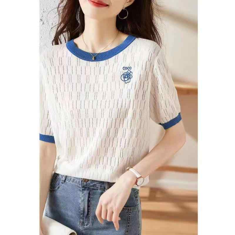 ニットTシャツ レディース 半袖 ラウンドネック シースルー バイカラー 薄手 接触冷感 サマー ポリエステル スリムフィット 通勤 オフィス カジュアル デイリーユース 上品 刺繍 トップス