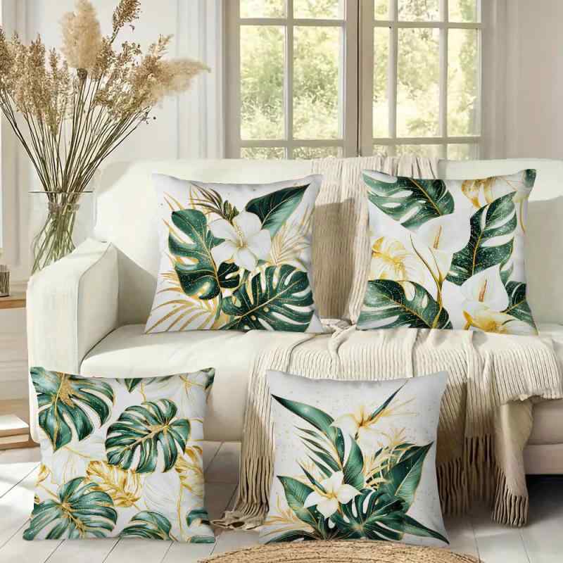 クッションカバー 熱帯植物 グリーンリーフ 北欧風 インスタ映え ソファ用 リネン 麻 マルチカラー おしゃれ リビング インテリア 春夏