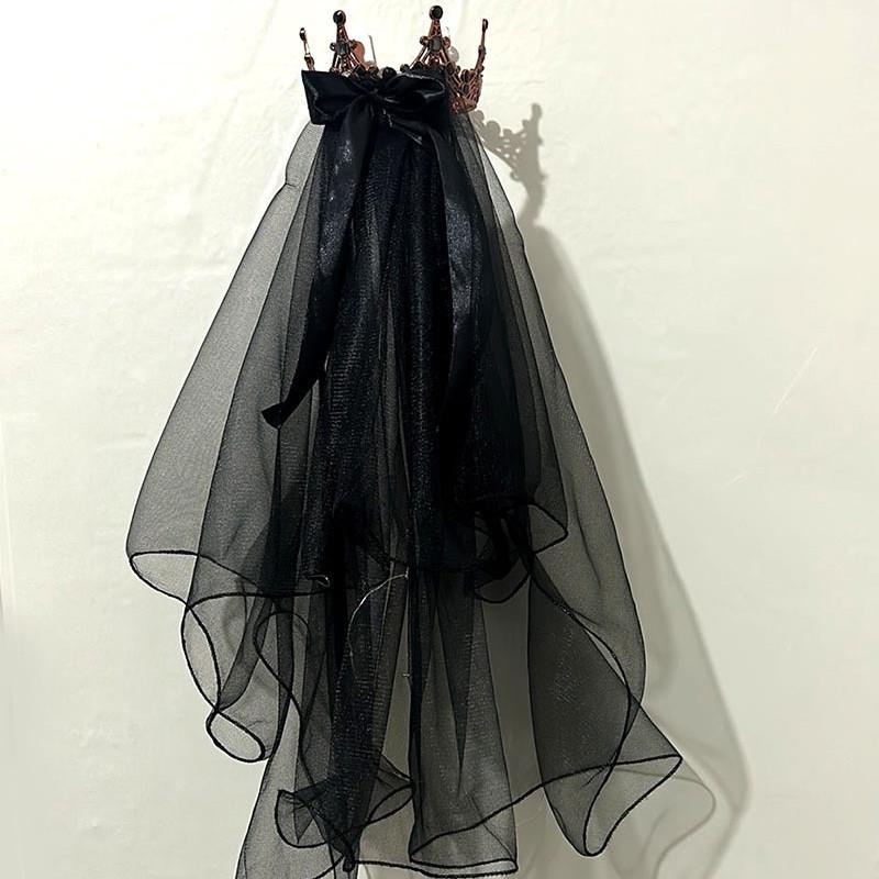ヘッドドレス キッズ 子供用 新作 黒 ダブルレイヤー リボン 光る ベール クラウン ティアラ パール 撮..