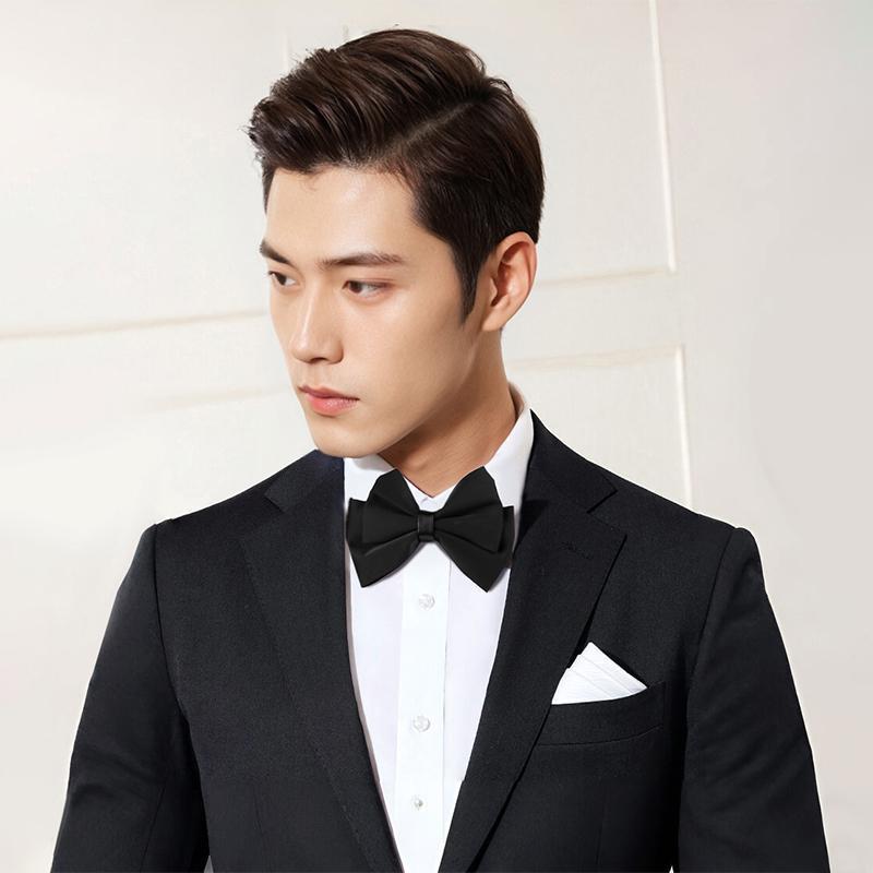 蝶ネクタイ 男性用 結婚式 新郎 フォーマル 高級感 ブリティッシュ スーツ タキシード ビジネスシーン 光沢感 上品 ポリエステル ブラック ダブルレイヤー