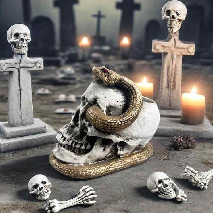 オブジェ ハロウィン ドクロ型 植木鉢 金のヘビ スカルヘッド 樹脂製 置物 白 ゴールド ユニーク インテリア 卓上 パーティー イベント飾り