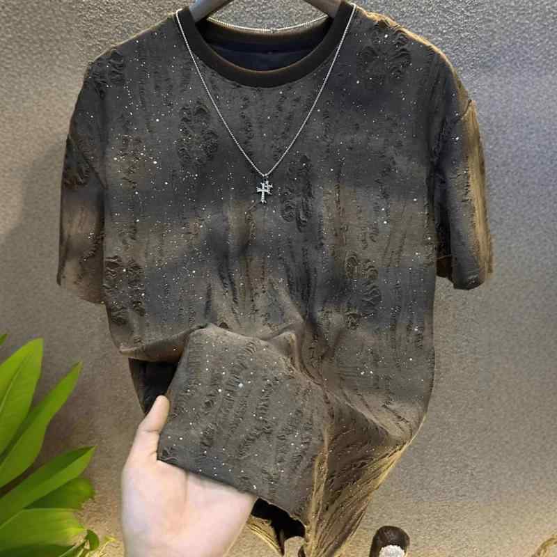 Tシャツ メンズ 半袖 クルーネック グラデーション ダメージ スター柄 ラインストーン 韓国 カジュアル..