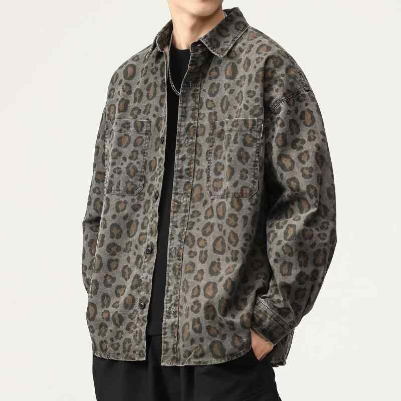 Denim Shirt - シャツジャケット メンズ アメリカンレトロ ヒョウ柄 迷彩柄 デニム 長袖 ビッグシルエット ゆったり 綿混 洗える イージーケア 高級感 カジュアル ブラウン 春秋