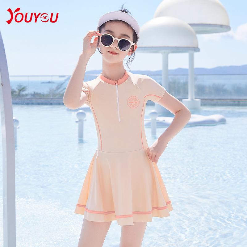 水着 女の子 キッズ ジュニア ワンピース スイムウェア オールインワン 肌の露出が少ない 保守的 練習用 競泳用 ポリエステル 海水浴 プール スイムトレーニング オレンジ系 パープル系