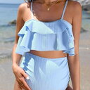 水着 レディース マタニティ 妊婦用 セパレート ハイウエスト フリル キャミソール 速乾 通気性 スリムフィット 体型カバー 耐久性 カップ付き ノンワイヤー ライトブルー 春夏|詳細画像