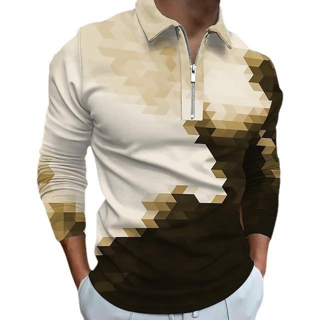 ポロシャツ メンズ 男性用 カジュアル 長袖 デジタル3Dプリント 襟付き ジップアップ ルーズフィット メッシュ生地 ポリエステル 通気性 吸湿速乾 春秋