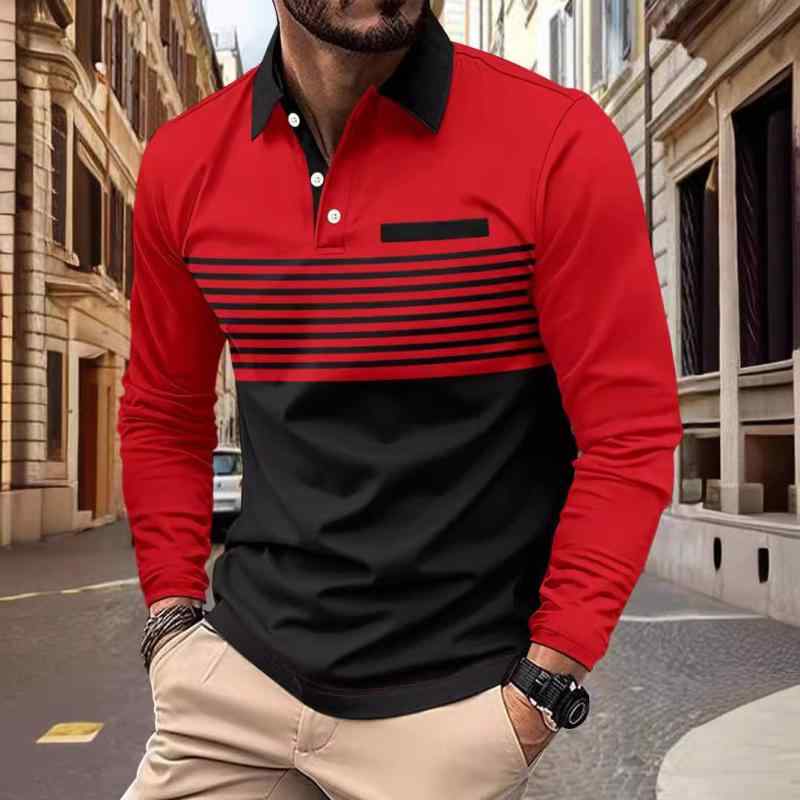 ポロシャツ メンズ 男性用 長袖 3Dプリント ストライプ柄 ボタン付き 襟付き ルーズフィット カジュアル 普段使い デイリーユース ポリエステル ウォッシャブル ベーシック トップス