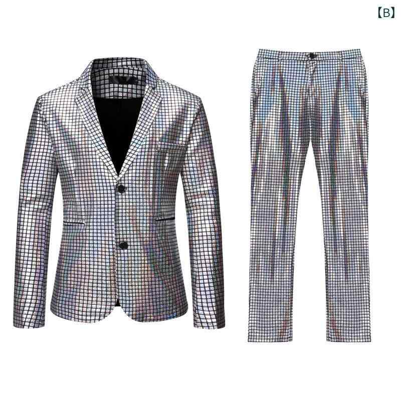スーツ メンズ セットアップ レインボーチェック柄 ホットスタンプ加工 光沢 ジャケット パンツ 2点セット 舞台 ステージ イベント パーティー 発表会 春秋 アセテート繊維
