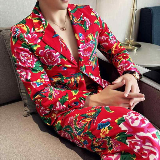 スーツ メンズ 男性用 カジュアル 大柄 花柄 プリント セットアップ 春秋冬 舞台 ダンス パフォーマンス イベント おしゃれ ジャケット スリムフィット ブレザー 綿混紡 レッド ブラック スーツ メンズ 男性用 カジュアル 大柄 花柄 プリント セットアップ 春秋冬 舞台 ダンス パフォーマンス イベント おしゃれ ジャケット スリムフィット ブレザー 綿混紡 レッド ブラック