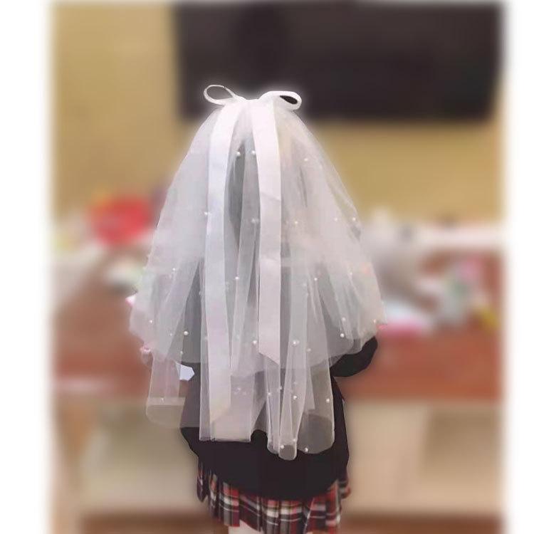 ヘアベール キッズ 女の子用 ビーズ飾り 小さめ 二重 リボン ヘアコーム かわいい ふわふわ ホワイト 発表会 結婚式