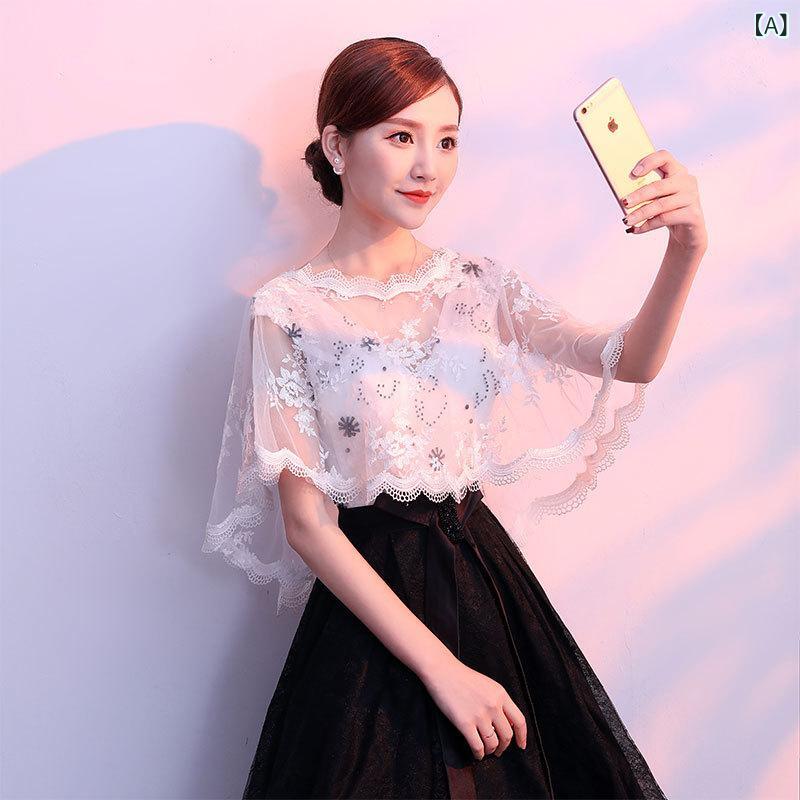 おうち健康生活のショール レディース ウェディング ブライダル レース 花柄 刺繍 二の腕カバー 体型カバー ゆったり プラスサイズ ホワイト フォーマル パーティー ドレス 羽織り ポリエステル｜アングル2