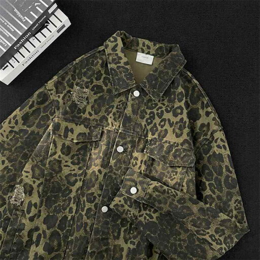 Gジャン メンズ 男性用 ヒョウ柄 デニム ウォッシュ加工 ダメージ クラッシュ アメリカン レトロ アメカジ カジュアル ルーズフィット ビッグシルエット ストリート系 襟付き 丈夫 春秋 Gジャン メンズ 男性用 ヒョウ柄 デニム ウォッシュ加工 ダメージ クラッシュ アメリカン レトロ アメカジ カジュアル ルーズフィット ビッグシルエット ストリート系 襟付き 丈夫 春秋