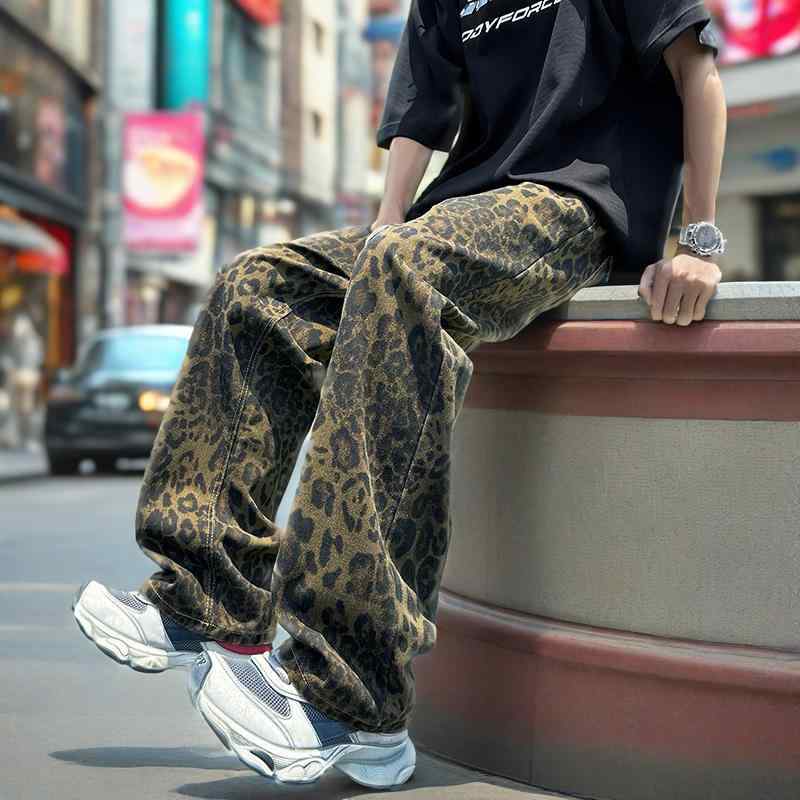 デニムパンツ メンズ 男性用 アメリカンヴィンテージ風 ウォッシュ加工 ヒョウ柄 ストレート ルーズフィット カジュアル コットン 多ポケット ストリート系(4)