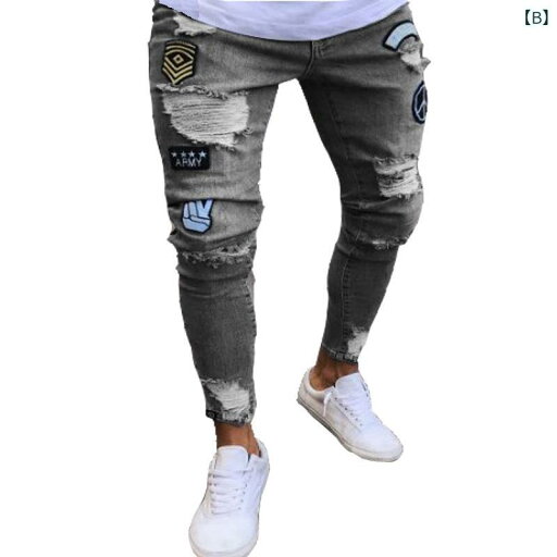 デニムパンツ メンズ 欧米風 エンブレム刺繍 膝ダメージ ジッパー スキニー スリム 大きいサイズ コットン ジーンズ ロング丈 カジュアル
