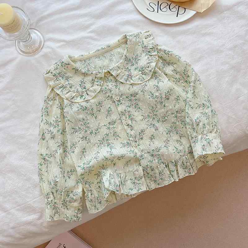 ブラウス キッズ 女の子 秋冬 花柄 コットン フリル襟 パフスリーブ 長袖 チュニック ゆったり デイリーユース カジュアル グリーン