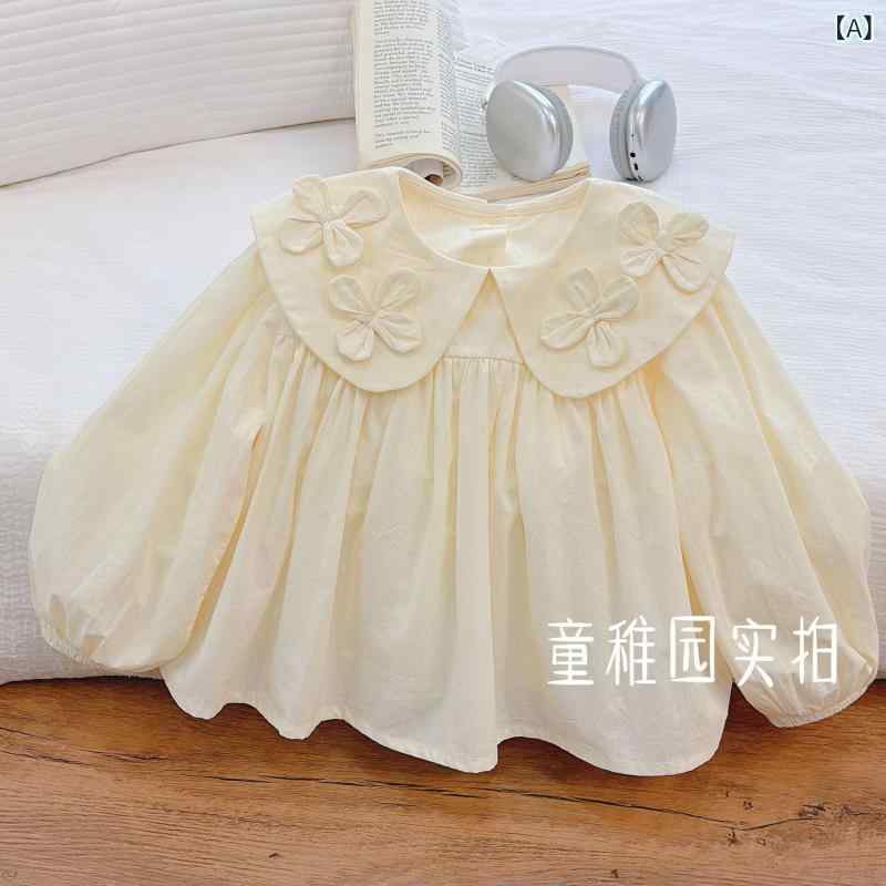 Other - シャツ 女の子 キッズ ブラウス ドールカラー 丸襟 立体花 フラワーモチーフ 長袖 綿 スクール風 プレッピースタイル ナチュラル 森ガール風 トップス 通学 普段着 お出かけ おしゃれ 春秋