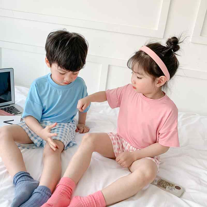 キッズ Tシャツ 男女兼用 春夏 キャラクタープリント ドロップショルダー ゆったり 半袖 クルーネック モダール 吸湿速乾 普段使い カジュアル 部屋着 ホワイト ブルー ピンクチェック ブルーチェック グリーンチェック パープルチェック