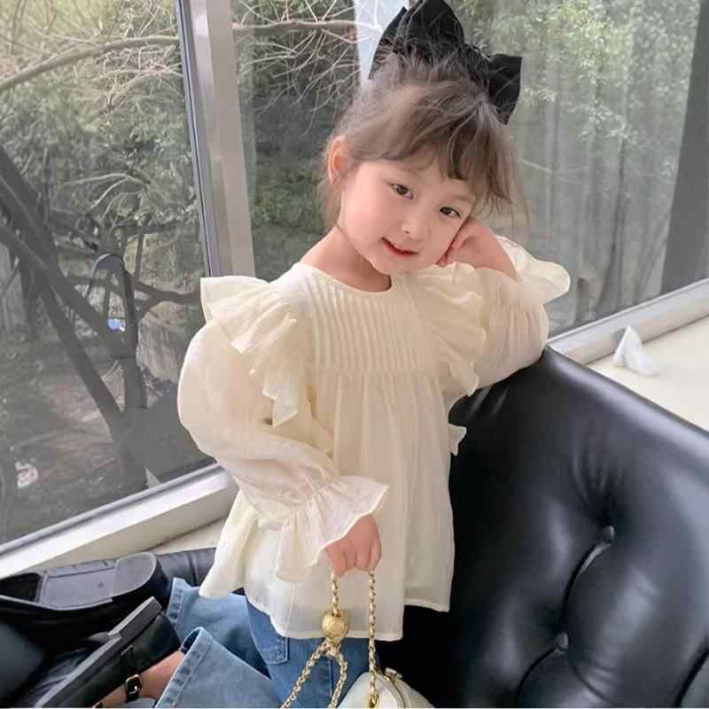 シャツ 女の子 キッズ 長袖 フリル フレアスリーブ ブラウス 春秋 丸襟 ゆったり かわいい おしゃれ プ..