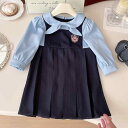 ワンピース 女の子 キッズ ベビー 子供服 スクール風 フェイクツーピース 長袖 プリーツ プリンセス 春秋 ポリエステル リボン お出かけ かわいい 上品