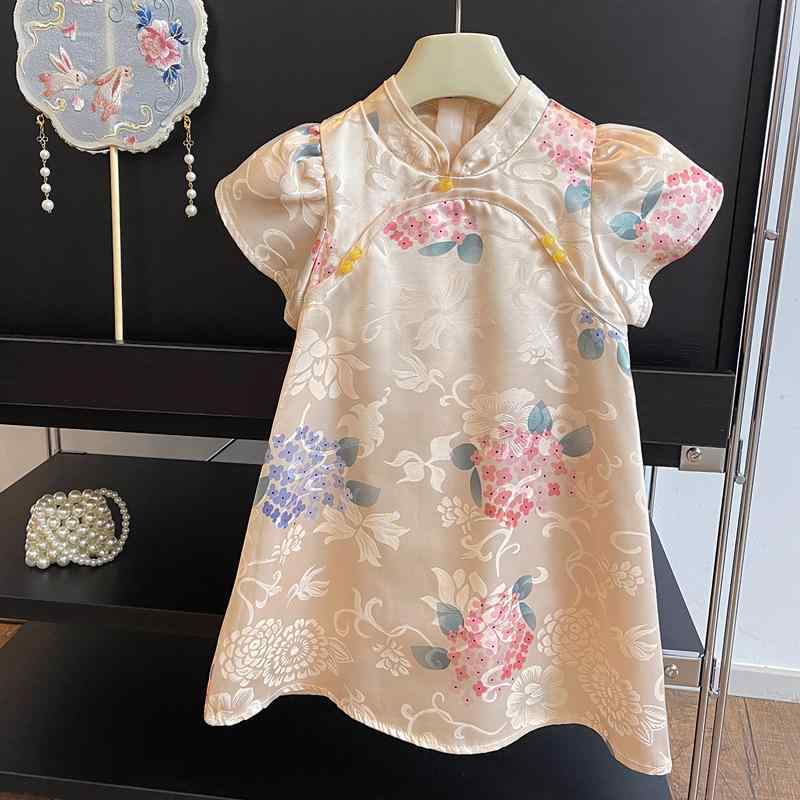 ワンピース ガールズ 子供用 夏 半袖 薄手 中国風 チャイナドレス パフスリーブ プリンセスライン レト..